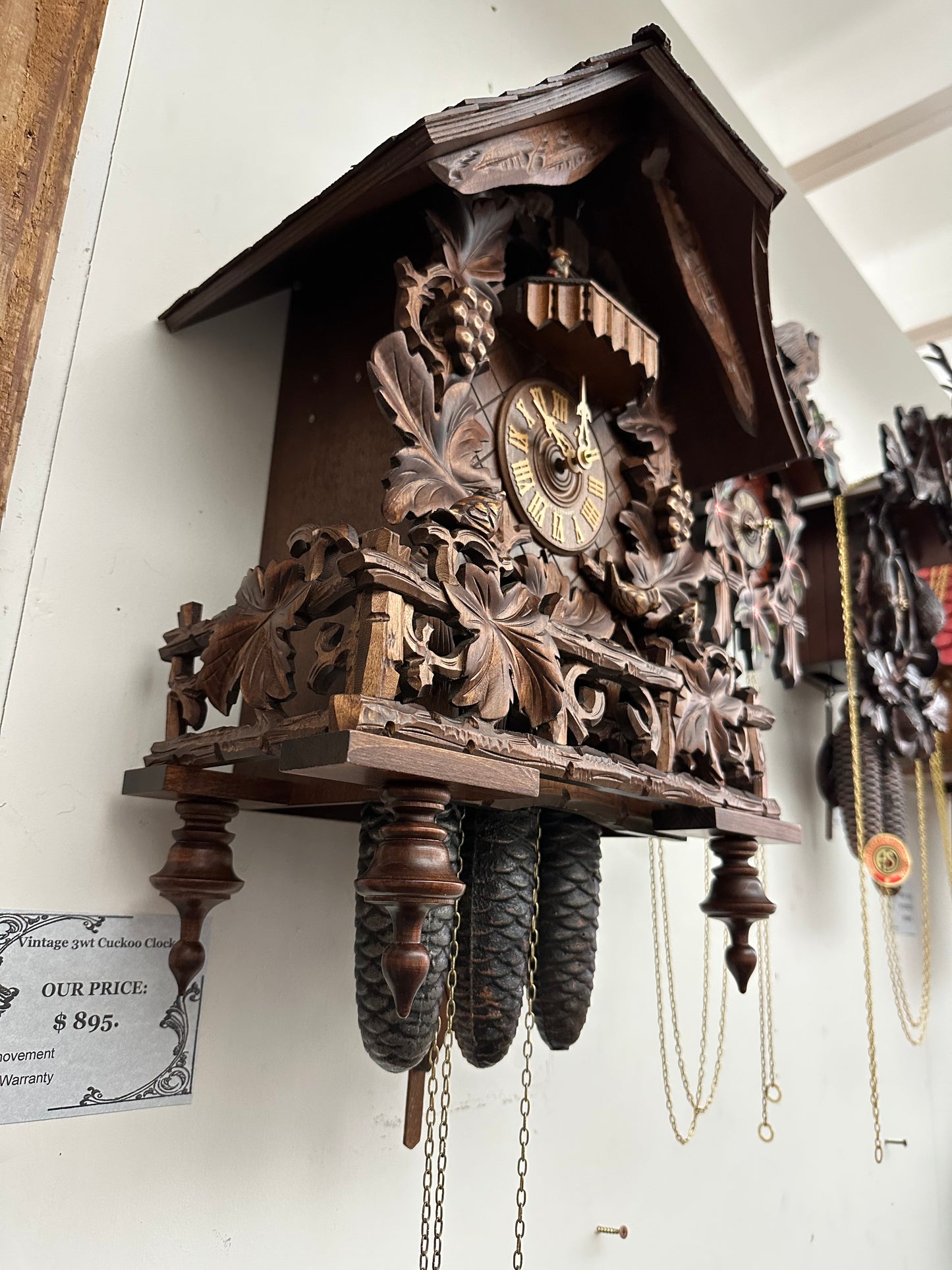 Vintage Cuckoo Clock - Large 8 Day Musical Schneider Chalet Bird and Leaf